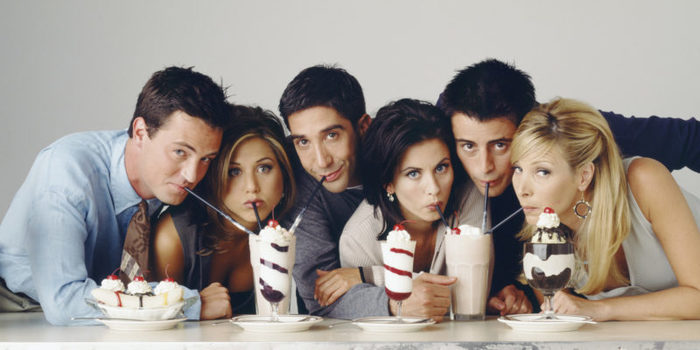 FRIENDS -- Season 2 -- Pictured: (l-r) Matthew Perry as Chandler Bing, Jennifer Aniston as Rachel Green, David Schwimmer as Ross Geller, Courteney Cox as Monica Geller, Matt LeBlanc as Joey Tribbiani, Lisa Kudrow as Phoebe Buffay (Photo by NBC/NBCU Photo Bank via Getty Images)