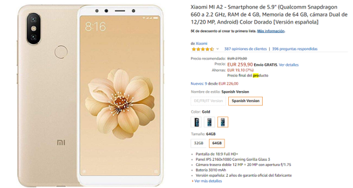 amazon xiaomi mi a2 version española