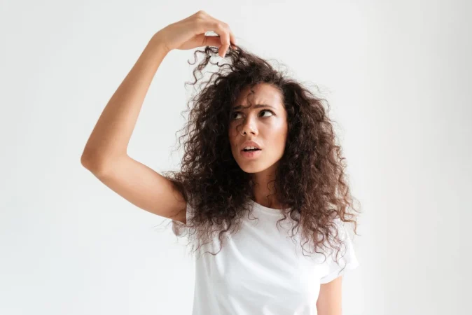 portrait confused young woman looking her hair Merca2.es